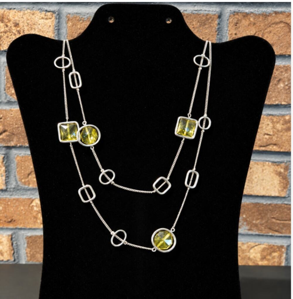 Retired Silver Tone Station Necklace By Lia Sophia Yellow Rotating Gem Accents